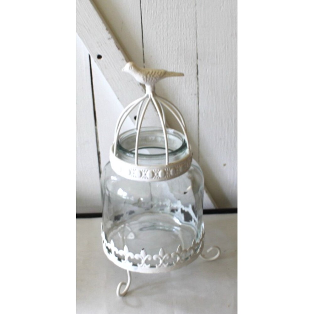 Vintage French Country Cream Birdcage Cloche Cast Iron Bird Plants Dome Decor